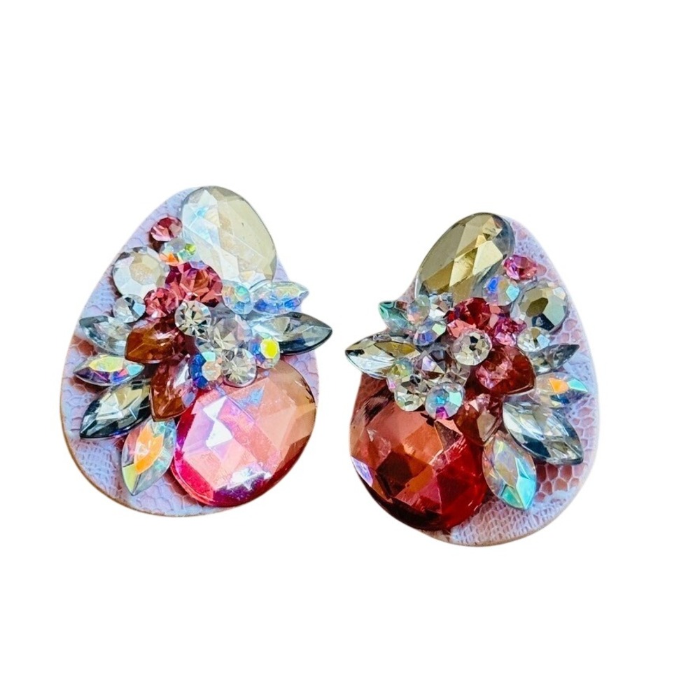 80s Pink Pastel Cluster Chunky Earrings Crystal Rhinestone Statement clip VTG